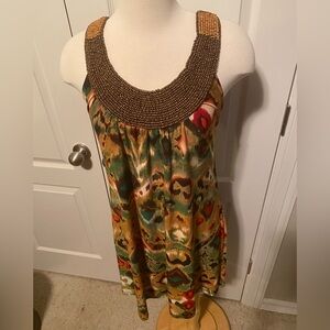 Maurices Women's Brown Green Orange Tones Dress Beaded Neckline Size Medium